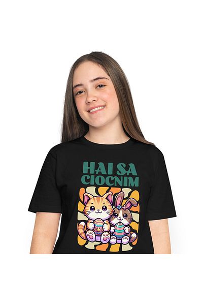 StoryGift Romania Women's T-Shirt with Family Lovers Orange Cat and Rabbit with Colored Eggs,Black_XL
