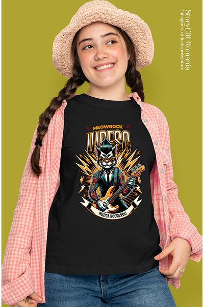 StoryGift Romania Tricou Femei PISICA ROCK AND ROLL IUBESC MUZICA, PETRECERE IUBITORII DE MOTANI c BLK_M