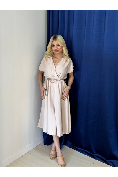 FEHUBLOOM Beige Short Sleeve Elastic Waist Dress