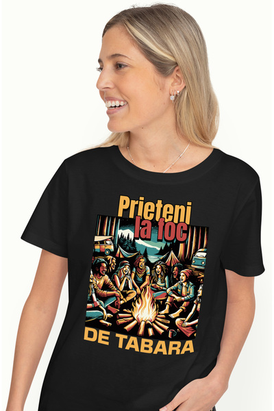 StoryGift Romania Tricou Femei Prieteni la foc de tabara, camping padure, iubi cu imprimeu pe Fat BLK_L