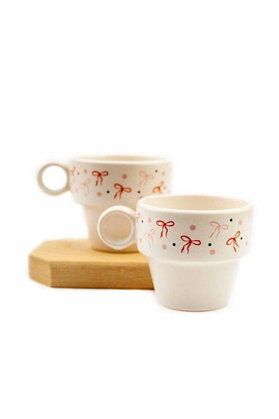 PALTO TASARIM Set of 2 Espresso Cups with Ribbon Design - Gift Ceramic Cup