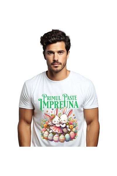 StoryGift Romania Tricou Barbati cu Cuplu Fericit Iepuri Indragostiti Oua Colorate Paste, Flori Mu,White_S