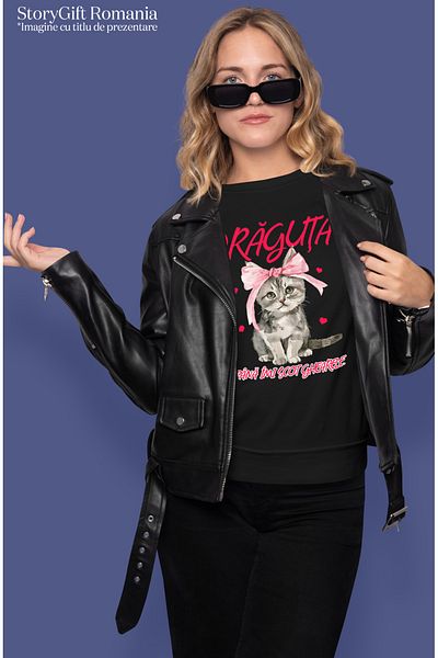 StoryGift Romania Tricou Femei Pisica cu funda text draguta pan ala gheare cu imprimeu pe Fata, 10 BLK_XL