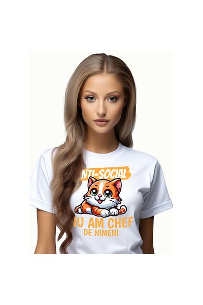 StoryGift Romania Women's T-Shirt with Cheerful Orange Cat Green Eyes Fluffy Animals, Cats with ,White_M