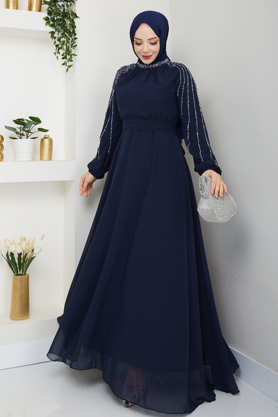 Pamuk Butik Kadın Kolu Taşlı Astarlı Şifon Elbise