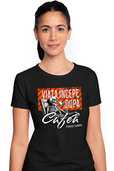 StoryGift Romania Tricou Femei Viata incepe după Cafea schelete pe sezlong cu imprimeu pe Fata, 1 BLK_XL