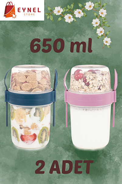 Eynel 2li Set 650 ml Take-go Kaşıklı Hazneli Meyveli Yoğurt Kabı Piknik Atışt...