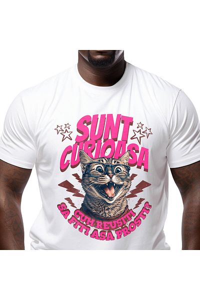 StoryGift Romania Tricou Barbati cu Pisica Haioasa Zambitoare Cu Colti Si Ochelari De Vedere cu im,White_XS