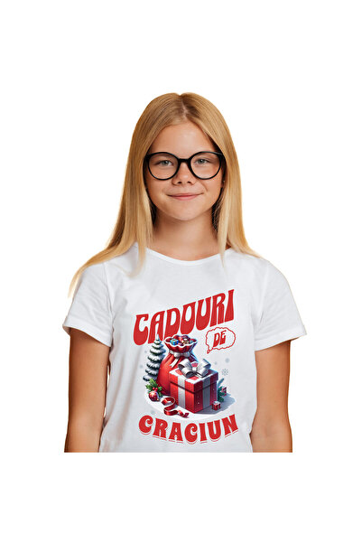 StoryGift Romania Tricou Copii cu Sac De Cadouri Si Cutie Rosie Cu Zapada, Gl...