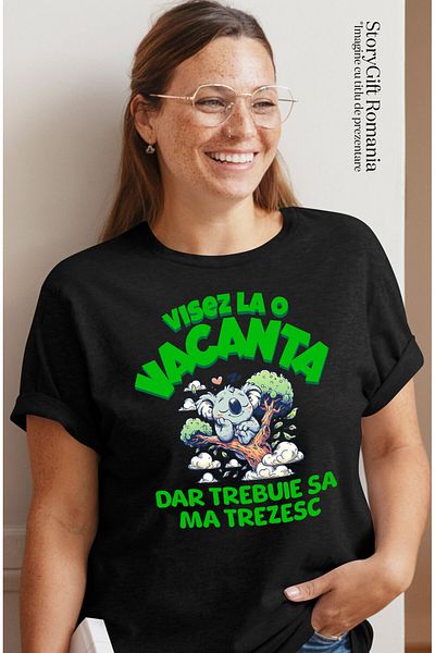 StoryGift Romania Tricou Femei cu Urs Koala Dormind Relaxat In Copac, Desene Animate Copii cu impr,Black_XL