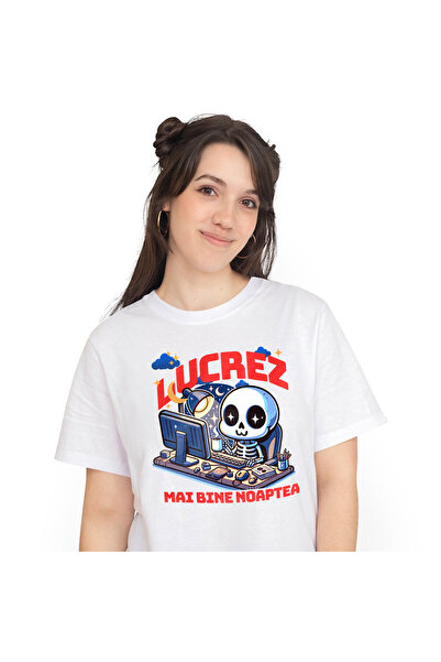 StoryGift Romania Tricou Femei cu Schelete Uman Cu Cana cafea In Fata calculator Lucrez Noaptea cu,White_M