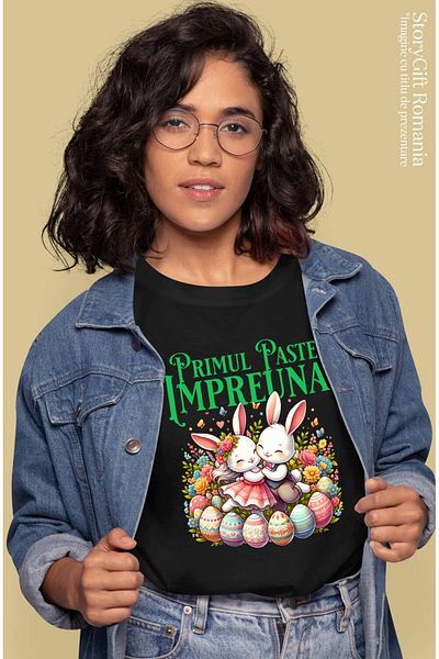 StoryGift Romania Tricou Femei cu Cuplu Fericit Iepuri Indragostiti Oua Colorate Paste, Flori Mult,Black_XS