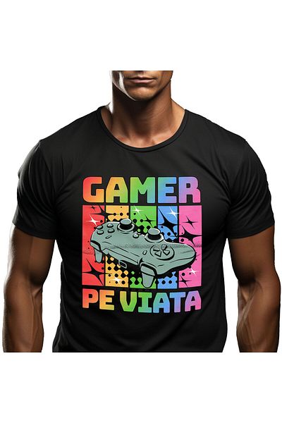 StoryGift Romania Men's T-Shirt with Multicolor Video Game Controller Gamer, Digital World with Print, Black_M