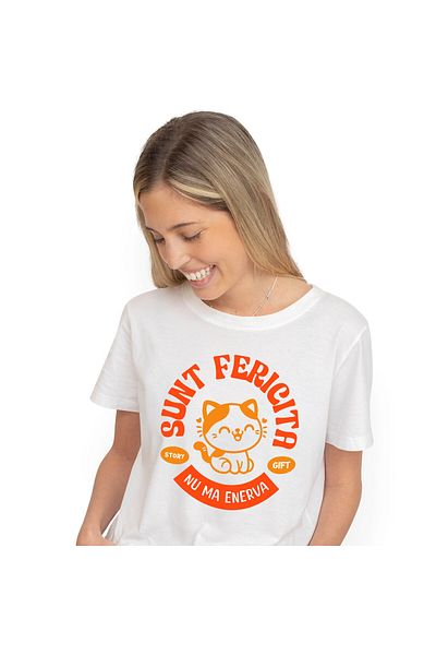 StoryGift Romania Women's T-Shirt with Happy Orange Cat, Cat Lovers, Animal Lovers, White_XL