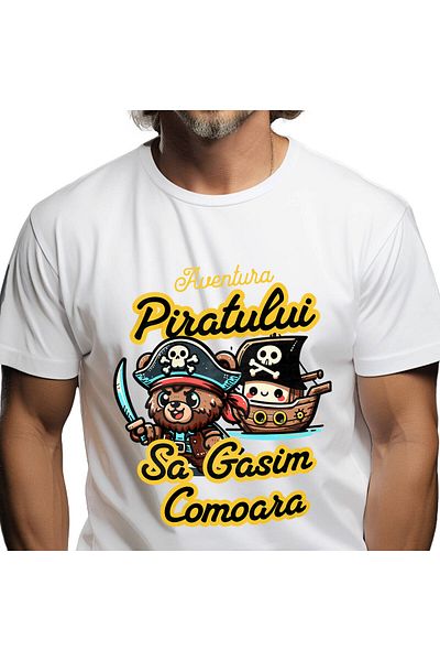 StoryGift Romania Tricou Barbati cu Urs Cu Palarie De Pirat Craniu Sabie Ascutita Corabie Comoara ,White_M
