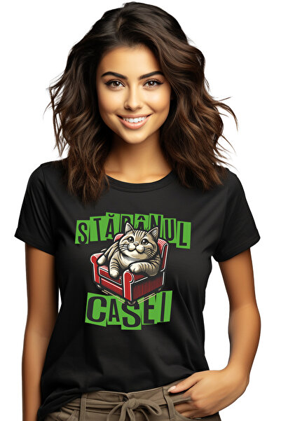 StoryGift Romania Tricou Femei PIsica pe canapea mesaj haios STAPANUL CASEI c...