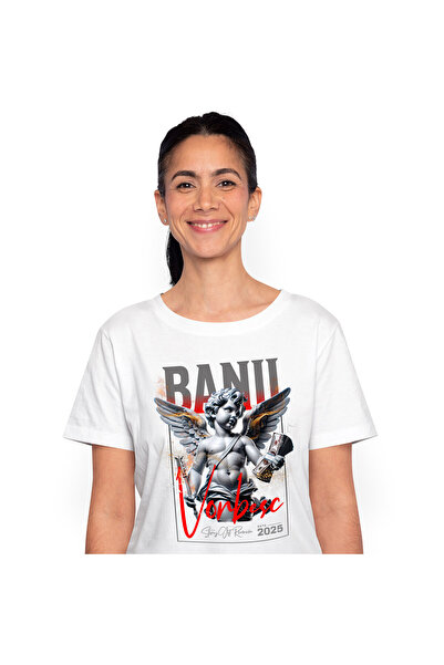 StoryGift Romania Tricou Femei cu Statuie Copil Inger Cu Aripi Si Teanc de ba...