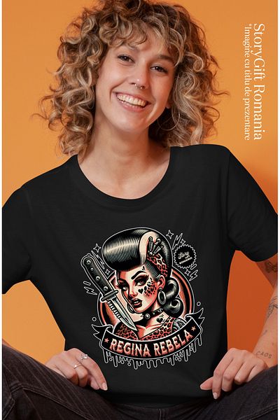 StoryGift Romania Tricou Femei regina rebela femeie cu cutit sui tatuaje cu imprimeu pe Fata, 100% BLK_M