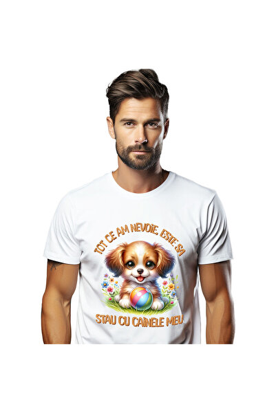 StoryGift Romania Tricou Barbati cu Caine Pui Vesel Pufos Pe Iarba Cu Minge C...