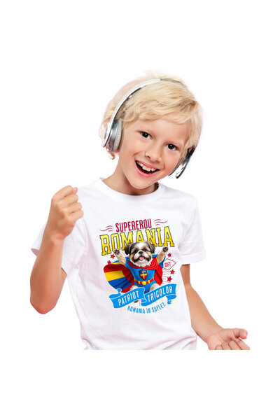 StoryGift Romania Tricou Copii cu Shih Tzu Caine In Costum de Capitan Romania...