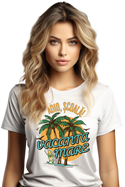 StoryGift Romania Tricou Femei Vacanta mare! Adio, școala! insula tropicala cu imprimeu pe Fata, WHT_XS