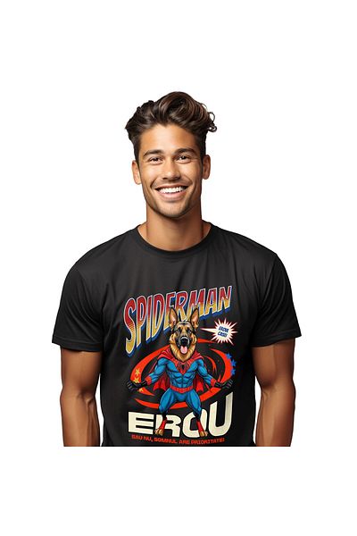 StoryGift Romania Tricou Barbati cu Ciobănesc German / German Shepherd Caine In Costum de SpiderMa,Black_S