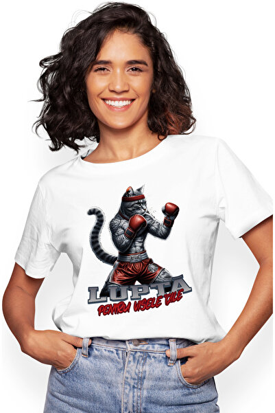 StoryGift Romania Tricou Femei Pisica box mesaj motivational lupt pentru vise cu imprimeu pe Fata, WHT_XS