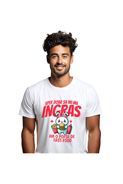 StoryGift Romania Tricou Barbati cu Iepure Alb Blajin Cu Fast Food Burger Si ...