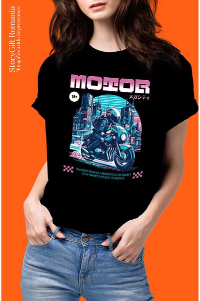 StoryGift Romania Tricou Femei cu Motociclist Cu Viteza Oras Niaptae Luminat Colorat Tokyo Motor P,Black_M