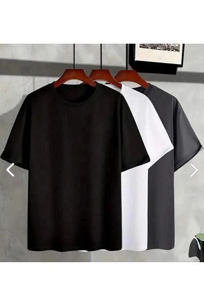 Viyalente Unisex Λευκό Καπνιστό Μαύρο Σετ με 3 μπλουζάκια Crew Neck Oversize