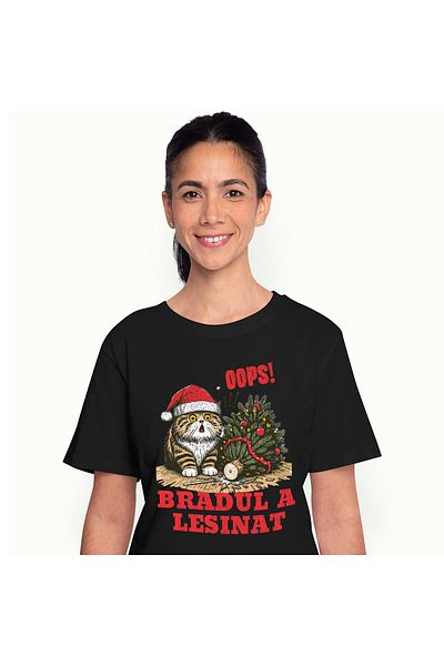 StoryGift Romania Tricou Femei cu Pisica Grasa Cu Caciula Mos craciun, Bradul Cazut, Daramat, Anim,Black_M