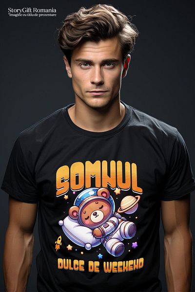 StoryGift Romania Tricou Barbati cu Urs De Plus Maro,Somnul Dulce De Weekend In spatiu Printre Ste,Black_S