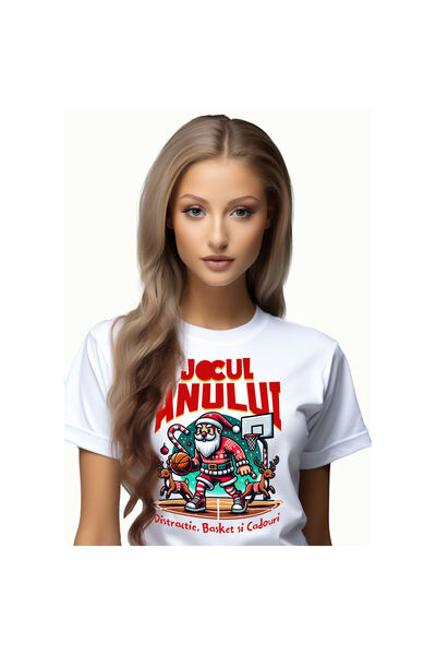 StoryGift Romania Tricou Femei cu Mos Craciun Pe Terenul De baschet Cu reni,Cadouri, Familie, Haio,White_S