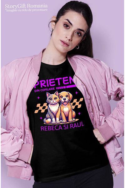StoryGift Romania Tricou Femei cu Pisica Si Caine Portret Cuplu Animale Prieteni Iubire, cu imprim,Black_XL