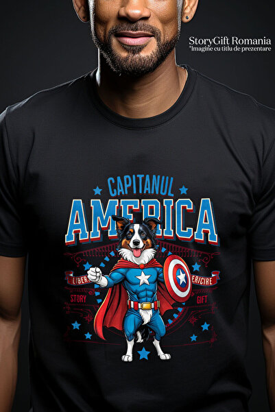 StoryGift Romania Men's T-Shirt with Border Collie Dog in Captain America Costume with Cape, ,Black_XL