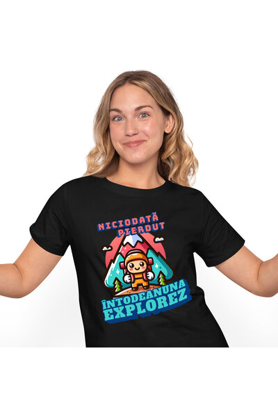 StoryGift Romania Tricou Femei cu Calator Printre Munti Cu Rucsac Gata De Aventura Natura Padure c,Black_S