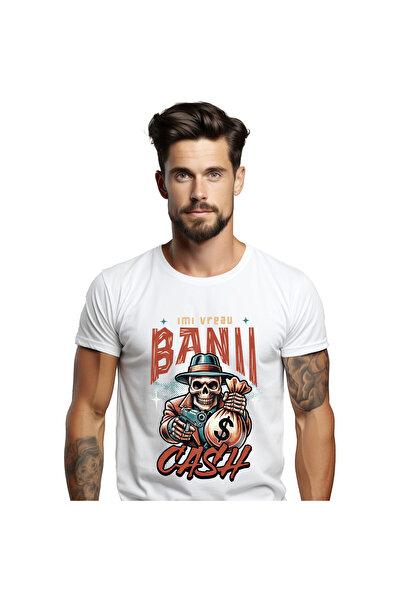 StoryGift Romania Tricou Barbati cu Craniu uman Mafiot Cu Sac de Bani Si arma piston, Palarie, Ave,White_S