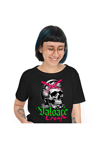 StoryGift Romania Tricou Femei cu Craniu Uman Mort Cu Bancnote In Creier Stil Abstract Stradal, Av,Black_M