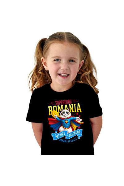 StoryGift Romania Children's T-shirt with Ragdoll Cat in Captain Romania Costume with Cape, Hero No, Black_10ANI