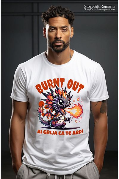 StoryGift Romania Men's T-Shirt with Orange Dragon Baby Flames, Fairy Tales and Legends, Drawings Ani, White_XL