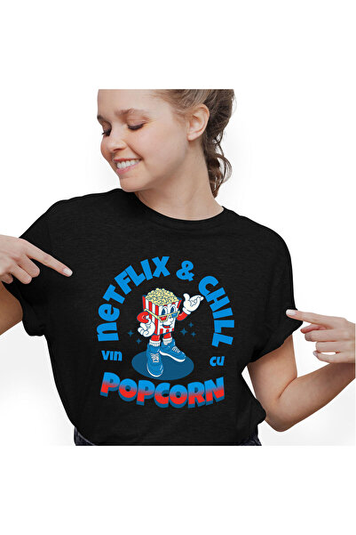 StoryGift Romania Tricou Femei cu Punga Popcorn Cu Ochelari 3D Adidasi albastri Film Cinema Netfli,Black_XS