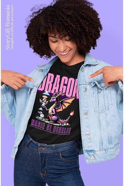 StoryGift Romania Tricou Femei cu Dragon Mov Stil Animat Jocuri Video cu Inger si Iepure Magie si ,Black_L