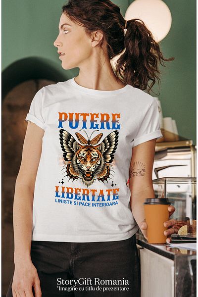 StoryGift Romania Women's T-Shirt with Angry Tiger with Fangs Butterfly Wings Power Freedom Motivatio,White_L