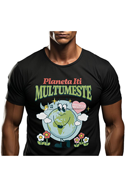 StoryGift Romania Tricou Barbati cu Planeta Pamant Vesela cu Gene Lungi Flori...