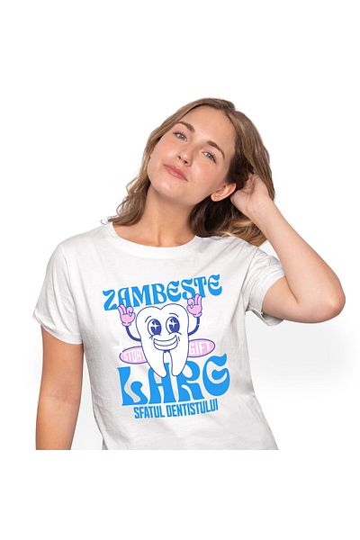 StoryGift Romania Tricou Femei cu Dinte Vesel Aratand Semn Ok Dentist Meserie Dantura Zambeste Lar,White_S