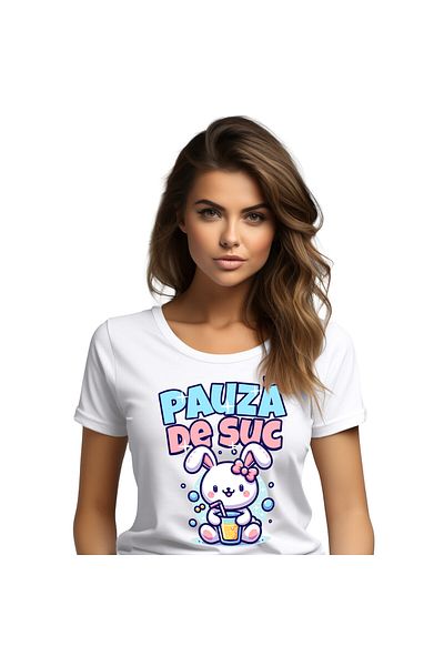 StoryGift Romania Women's T-shirt with Pink Rabbit with Bow and Glass of Natural Orange Juice, Bautu, White_XL