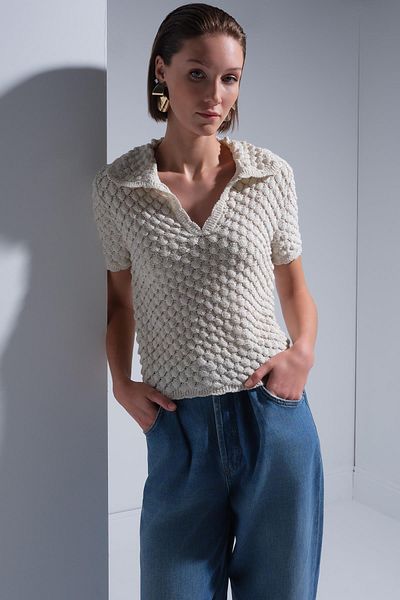 JOIN US Openwork Polo Neck Ecru Blouse