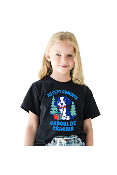 StoryGift Romania Tricou Copii cu Caine Vesel Langa Bradul De Craciun Cadou R...