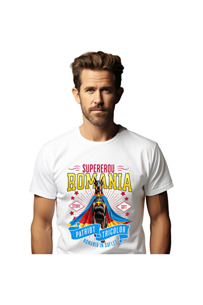 StoryGift Romania Tricou Barbati cu Doberman Pinscher Caine In Costum de Capi...