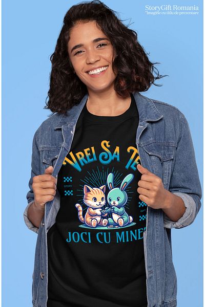 StoryGift Romania Women's T-Shirt with Animal Pair Orange Cat Gamer, Video Games Cartoons Years,Black_XS